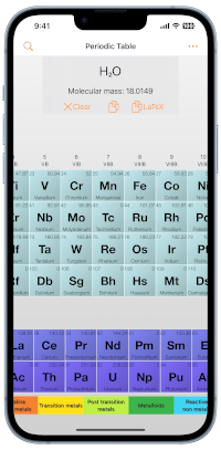 Tavola periodica degli elementi periPhone: screenshot con tema blu