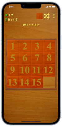 O jogo do 15 no iPhone com tema de madeira