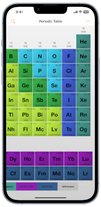 Tavola periodica degli elementi per iPhone: screenshot con tema a colori
