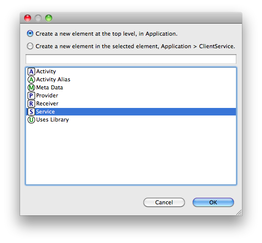 Eclipse dialog for Android services generation